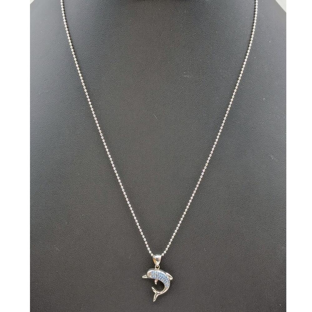 925 Sterling Silver Blue Spinel Pave Dolphin Pendant Bead Ball 22"Chain Necklace